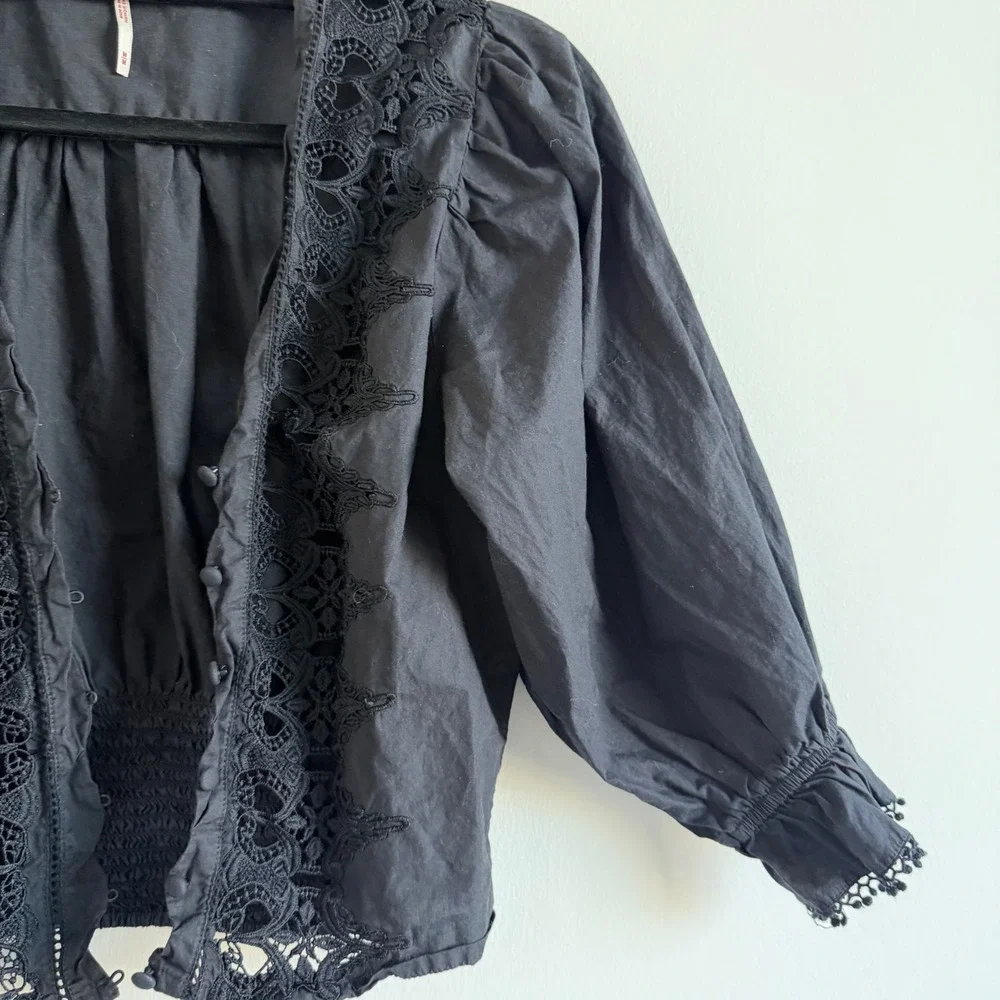 Free People Louella Black Lace‎ and Embroidered Button Front Cotton Top Medium